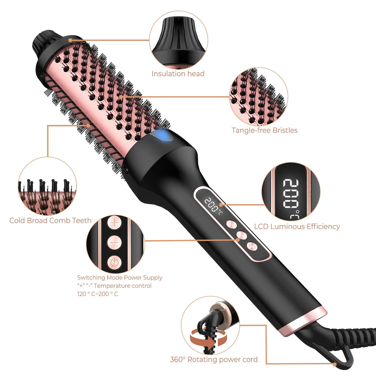 Versa-brush - 3 in 1 Ionic Hot brush - hair straightener & hair curler for women
